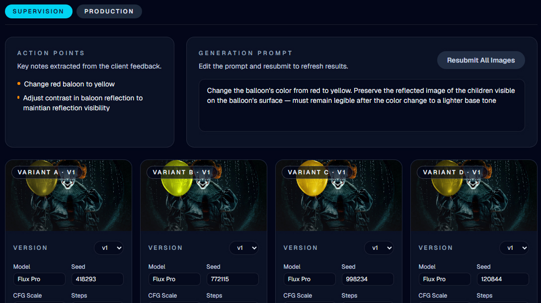 BridgeVFX variant results — four generated image options with model settings and resubmit controls