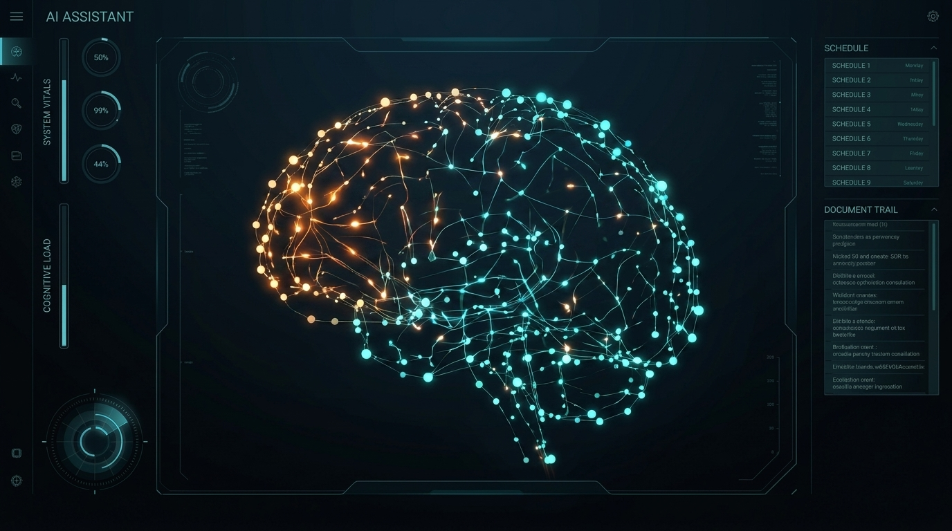 Jarvis concept — a glowing 3D brain of connected notes inside a sci-fi HUD with schedules and document trail panels