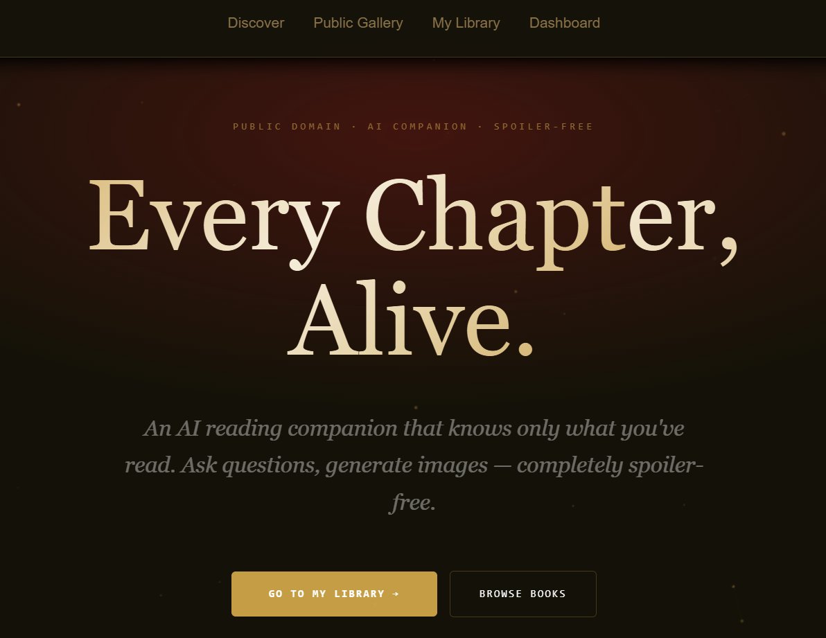 NovelViz landing page — Every Chapter, Alive. An AI reading companion that knows only what you've read.